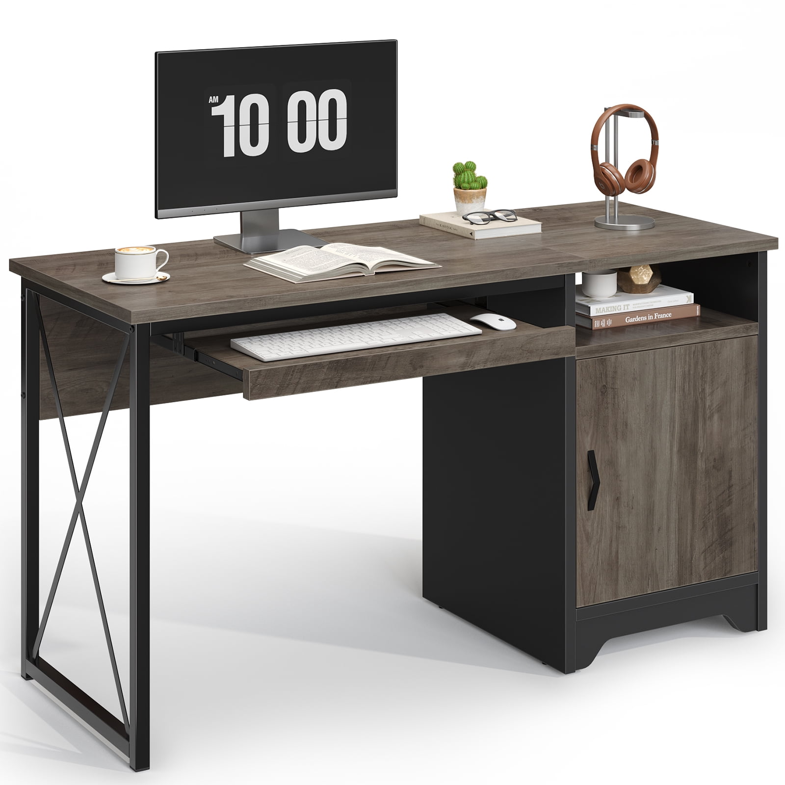 Bestier Home Office Desk 47" Computer Desk Small PC Table with Keyboard Tray and Storage Cabinet,Wash Gray