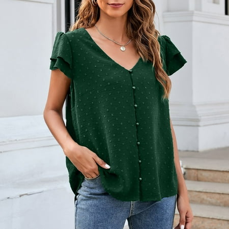 

Cathalem Cotton Pajama Shirt Women Women Casual Solid V Neck Ruffle Short Sleeve Button Loose Womens Long Sleeve Tee Shirt Cotton Shirt Green Medium