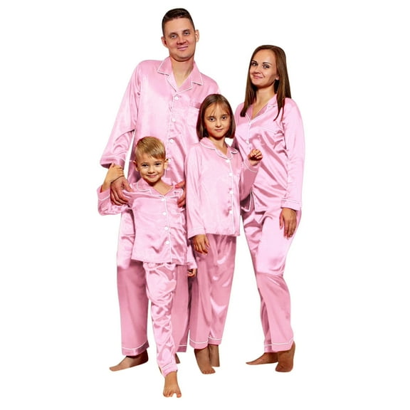 Silk Stain Family Christmas Pajamas Matching Sets Button Down Long Sleeve Shirts and Pants Silky Stain Xmas Pjs for Family Pictures Pink