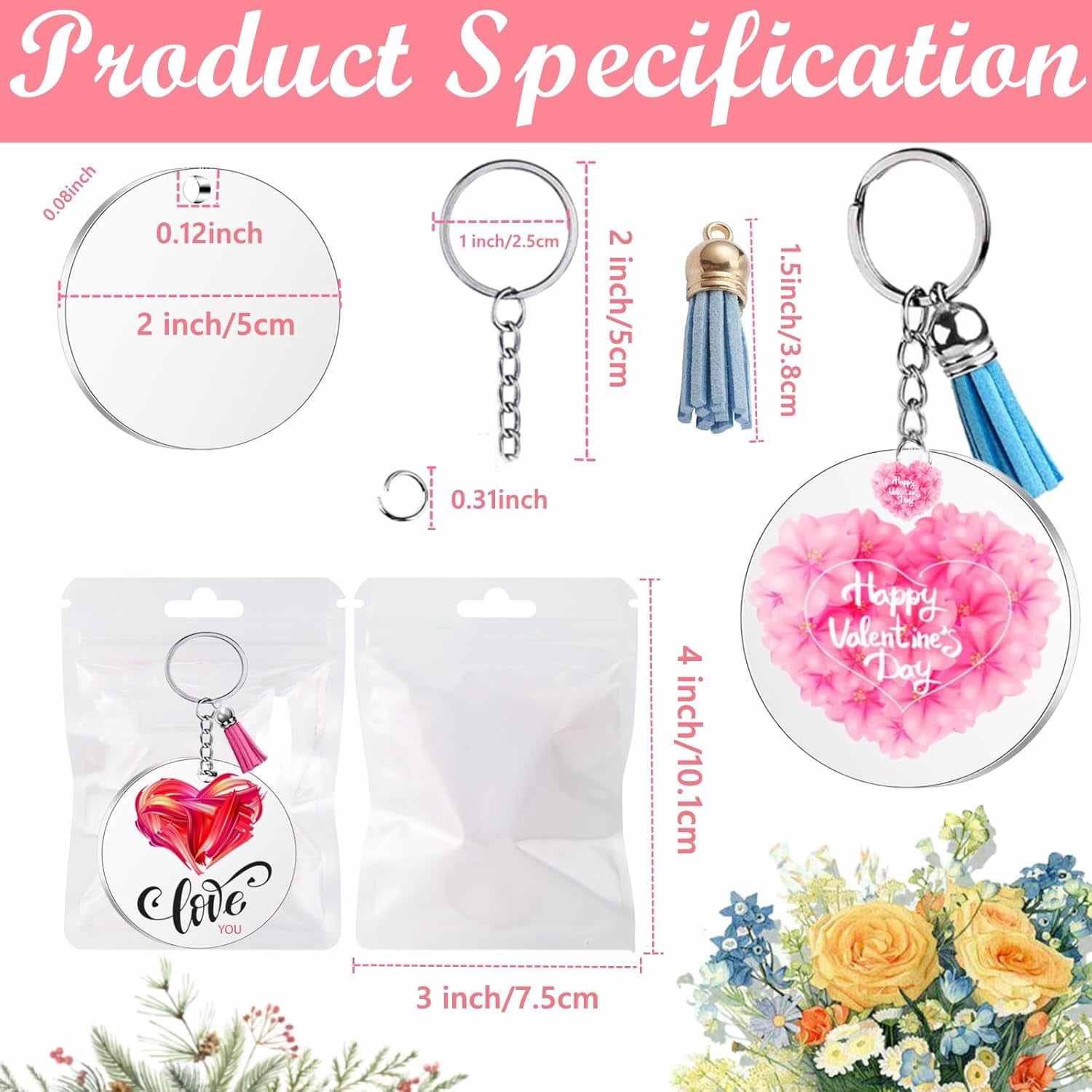 150 PCS Acrylic Keychain Blanks, 2 Inch Acrylic Blank Keychains for Vinyl Key with Keychain Rings, Keychain Tassels, Jump Rings, Packing Bag for DIY Key Chain Set Crafting