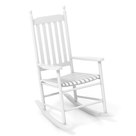 Costway Outdoor Wooden Rocking Chair with Solid Rocking Base Slatted Seat & Back Patio White
