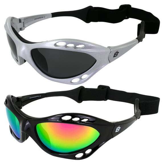 Birdz Eyewear Seahawk Padded Polarized Sunglasses 2 Pairs w/Strap Water Sports Surfing Kayaking Jetski Silver w/Smoke Lens Black w/Pink Mirror Lens