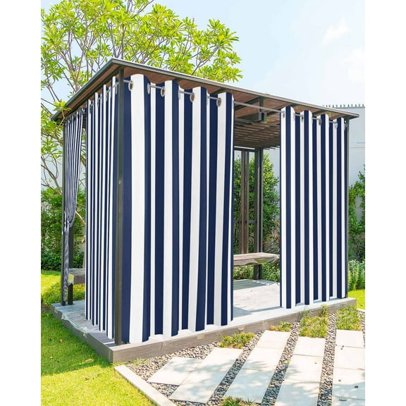 Outdoor Curtains for Patio Navy Blue and White Striped Geometric Waterproof Privacy Outside Curtains with Tiebacks Grommet Top Pergola Curtains for Porch Cabana Gazebo 2 Panels, 54x108 inch