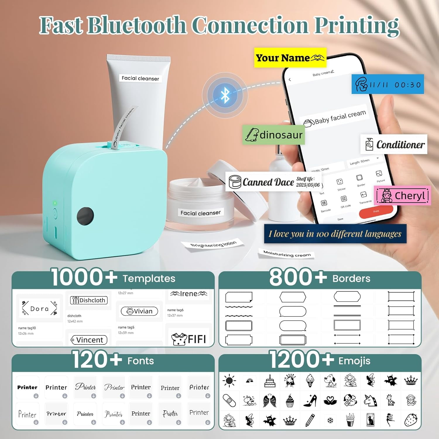 Label Maker Machine with Tape, P12 Bluetooth Mini Label Makers Thermal Transfer Ribbon Printer Machine with Typewriters Templates for Home, School, Clothes, Gift Wrapping, Office, Green