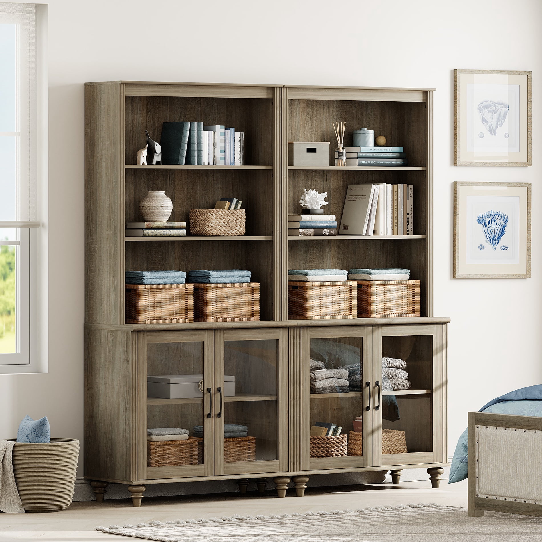 Farmhouse 5 Tier Bookcase With 4 Glass Doors, Wash Gray, 67.7" W