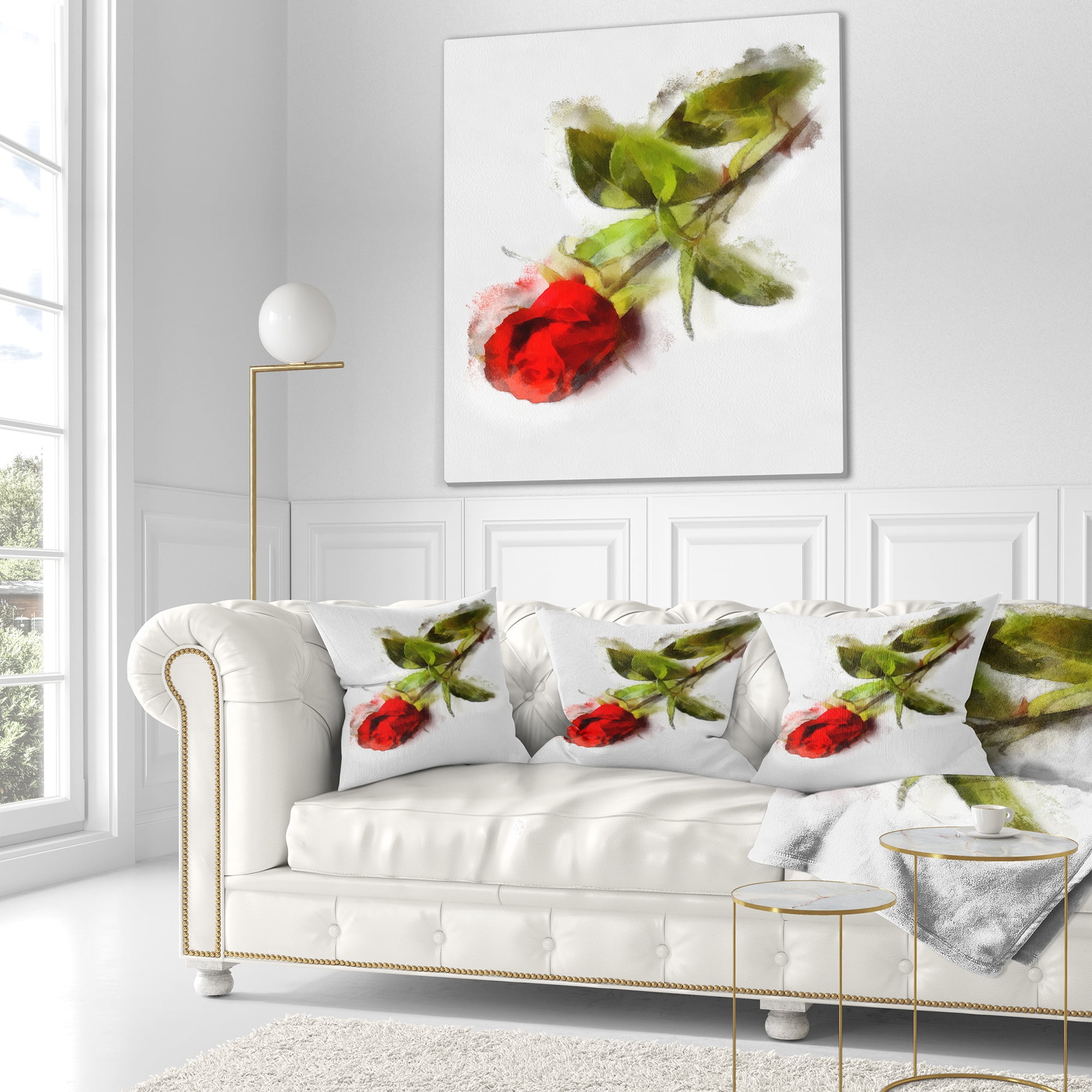 Designart Red Rose with Stem Drawing - Flower Throw Pillow - 18x18