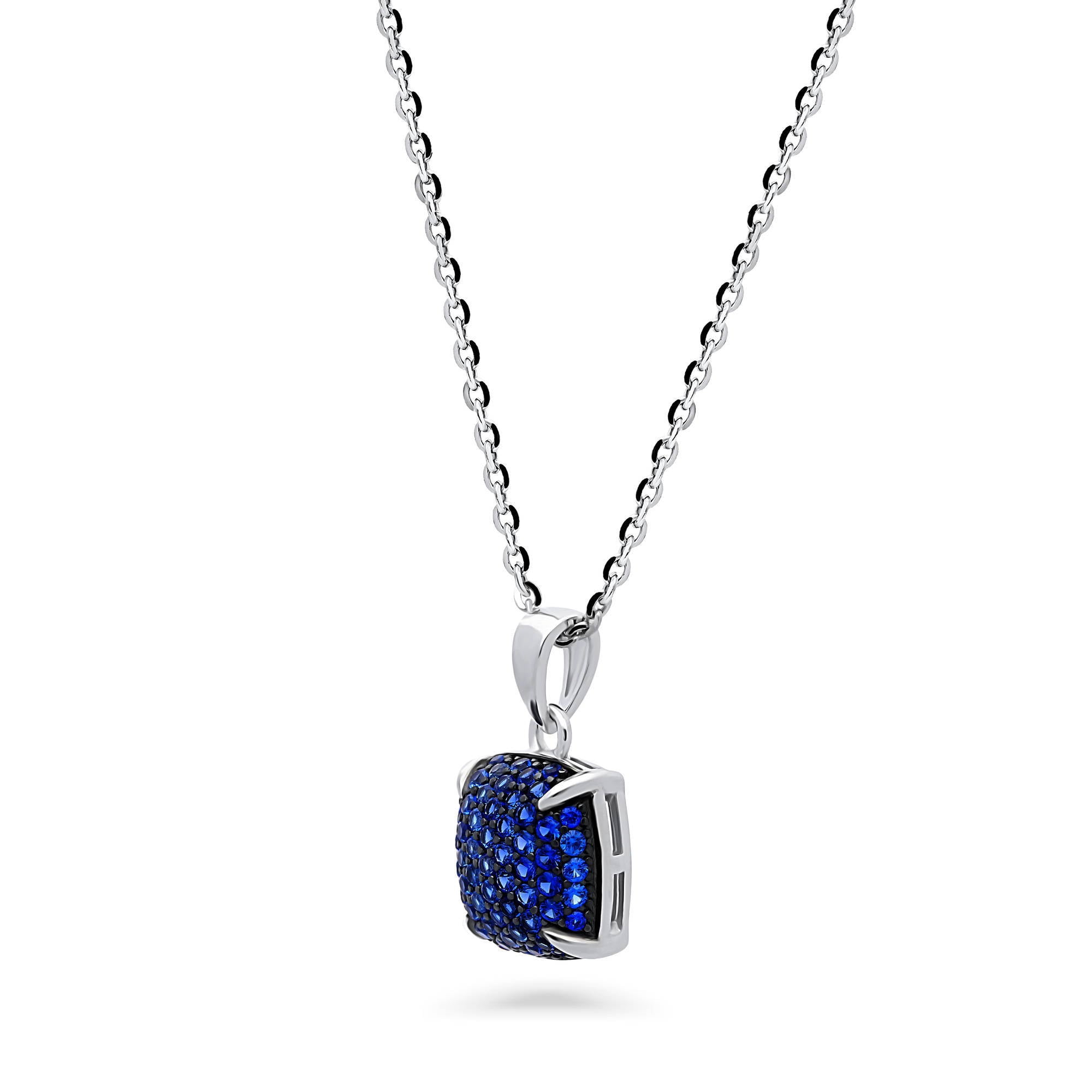 BERRICLE Sterling Silver Square Cubic Zirconia CZ Fashion Necklace and Earrings Set for Women, Rhodium Plated, Blue