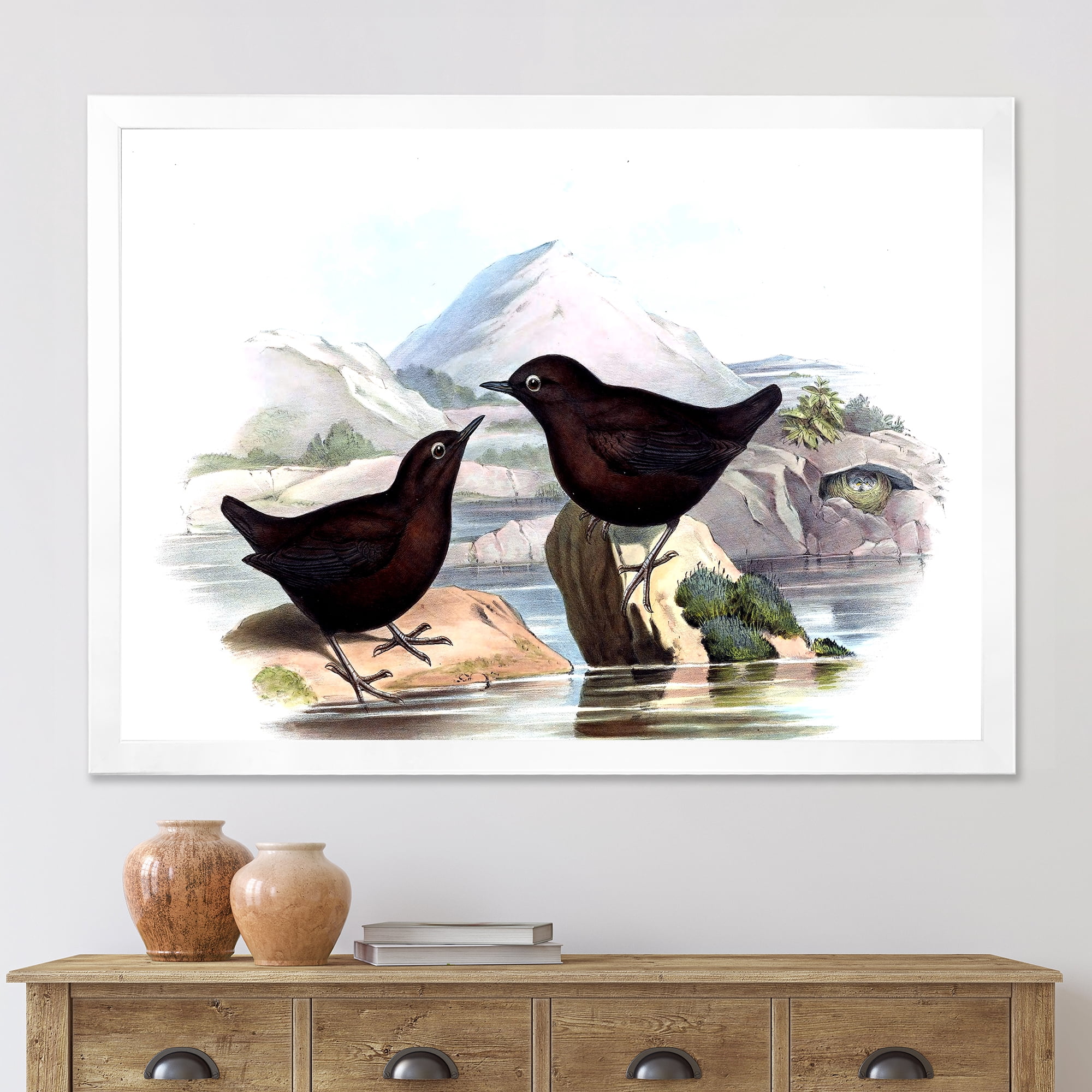 Designart 'Vintage Countryside Two Birds' Farmhouse Framed Art Print