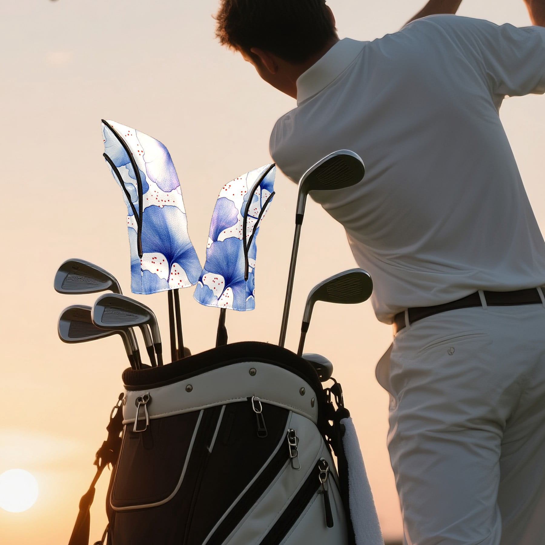 Golf Head Covers Elegant Ginkgo Leaf Design for Driver, Wood & Hybrid, Premium Waterproof PU Leather with Plush Lining, Unique Nature Golf Gifts