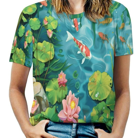 Lucky Koi Fish Lotus Leaf Women's T-Shirt Short Sleeve T Shirts Tops Tee Ladies Loose T