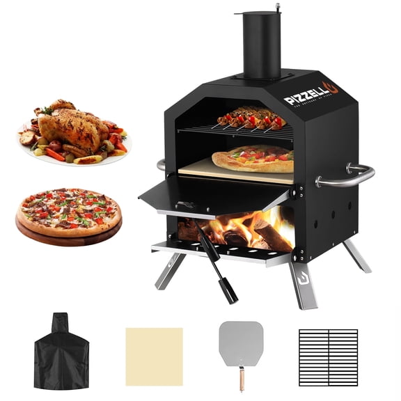 Outdoor Pizza Oven Wood Burning for Cooking 2 Pizzas Outside Pizza Maker with Pizza Stone, Pizza Peel, - Black Silver