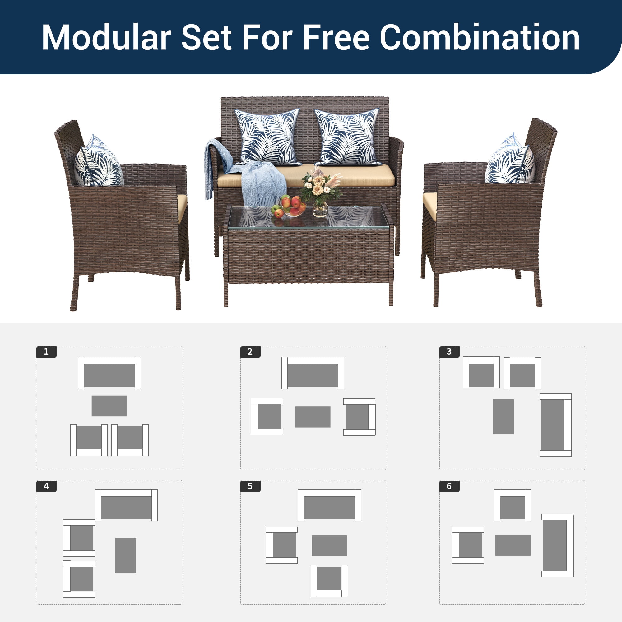 Elposun 4 Steel Sectional Outdoor Conversation Sets with Chair and Loveseat, Brown/Beige