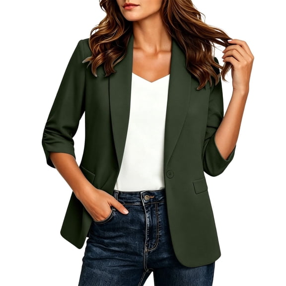 JFGHDG Blazer for Women Open Front 3/4 Ruched Sleeve Notched Lapel Suit Jacket Casual Work Office Blazers with Side Patch Pockets Blackish Green L