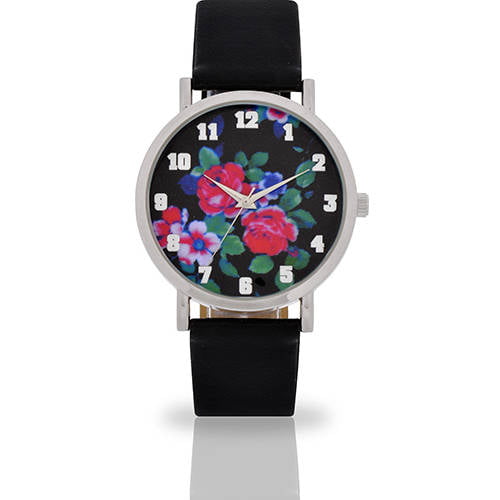 Accutime - Women's Black Floral Dial Watch, Faux Leather Band - Walmart ...