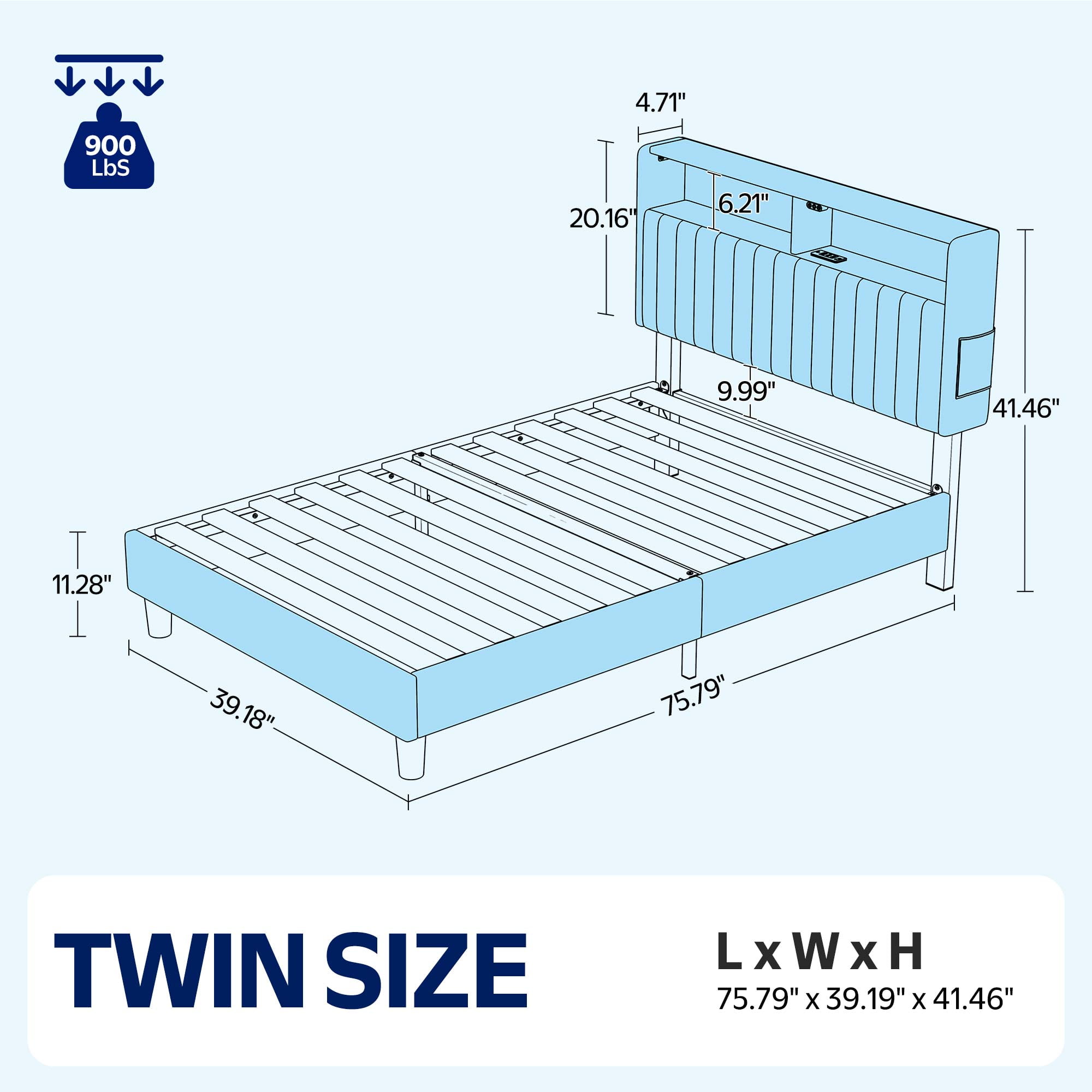 Greenstell Twin Bed Frame with LED Light & Platform Bed with Upholstered Storage Headboard USB Ports & Charging Station, Dark Gray