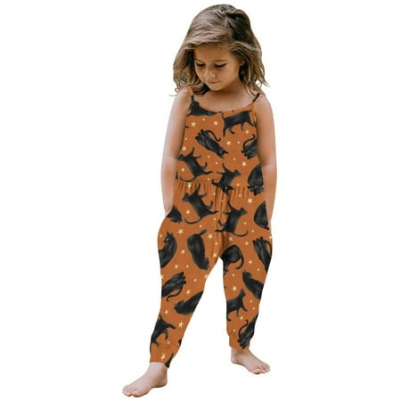 

TMOYZQ Toddler Baby Girls One Piece Suspender Jumpsuit Outfit Summer Cute Sleeveless Bodysuit Casual Soft Halloween Pumpkin Print Romper Loose High-Waisted Pants with Pockets