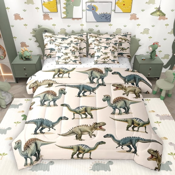 Homewish Retro Rustic Dino 7-Piece Bedding Comforter Set,Ancient Animal Dinosaur King Bedding Sets,Brown Green Bed Sheets For Teens,Microfiber Bedroom Decor Reversible