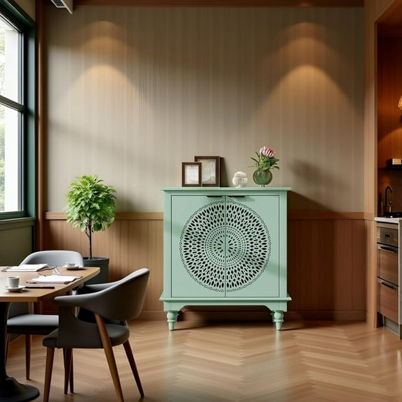 LFGUIZO Light Green Rustic Hollow-Carved 2-Door Buffet – Accent Cabinet with Adjustable Shelf – Storage for Entryway, Living Room, Kitchen