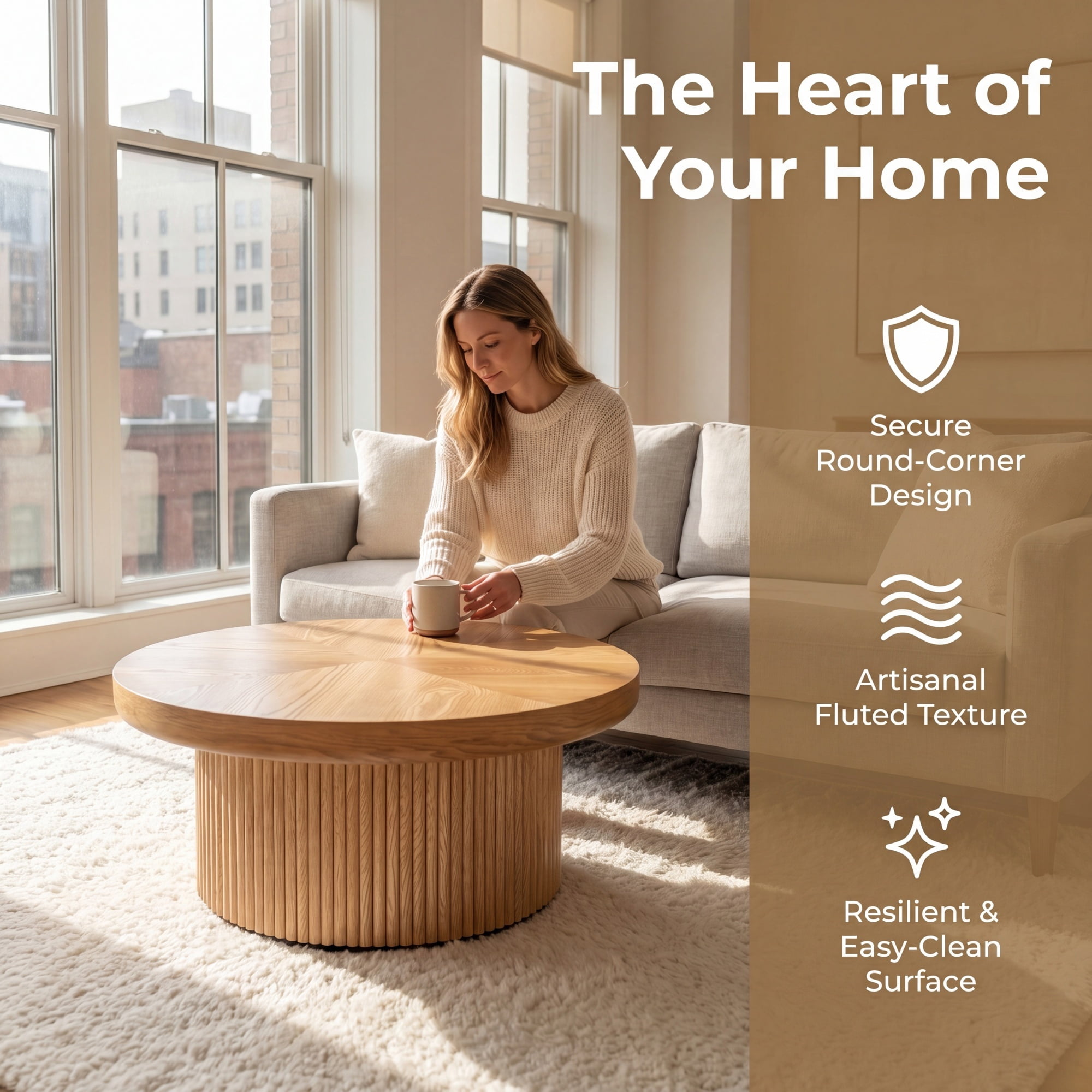 33.46'' Round Coffee Table with Fluted Cylindrical Base, Ash Wood End Table with Thickened Tabletop, Modern Cocktail Table