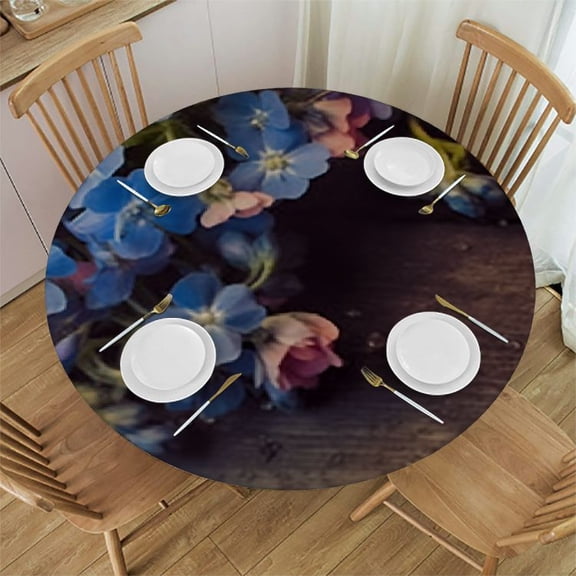 Spring Flowers On Wooden Elastic Fitted Edged Round Tablecloth Waterproof Soft Polyester Table Cloth Washable, for Banquet Home