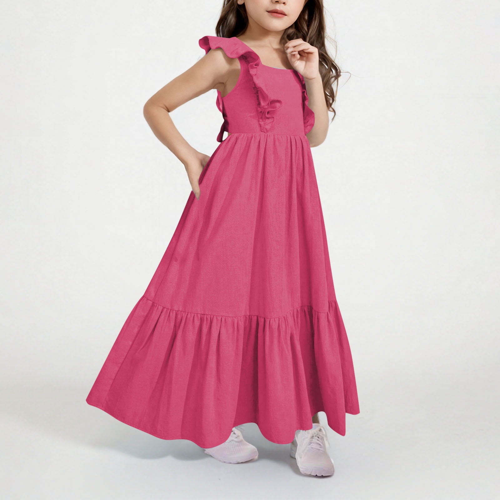 Cotton Linen Dresses for Girls Summer Size 4-15 Teens Kids Trendy Bowknot Backless Ruffle Sleeveless A-Line Beach Maxi Sundresses