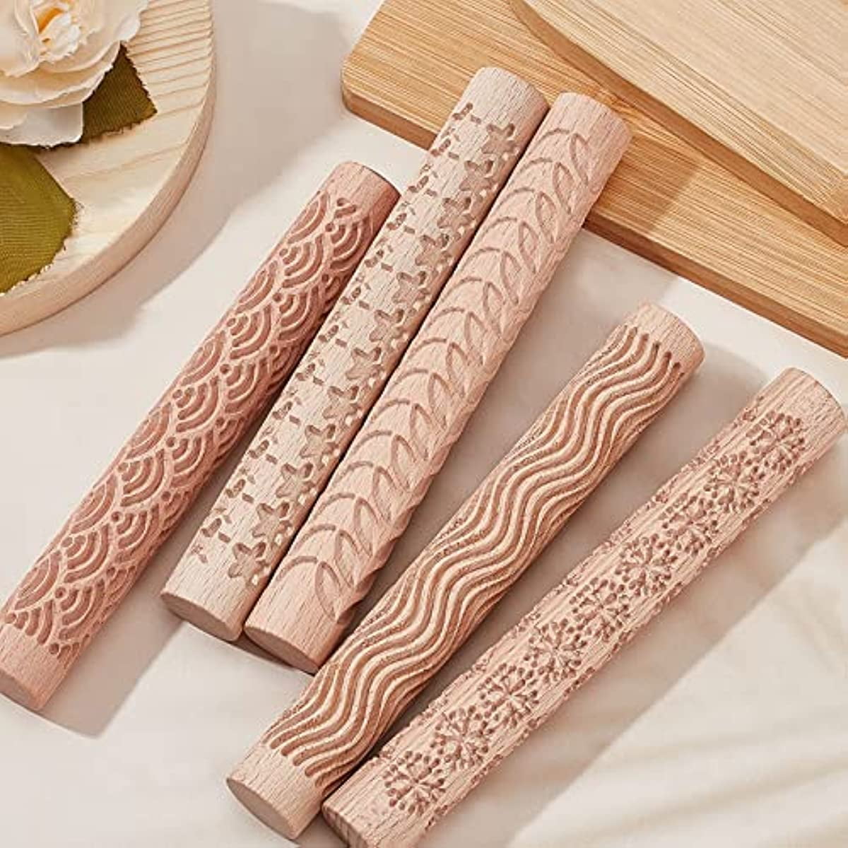 5PCS Pottery Tools Wood Hand Rollers for Clay Clay Stamp Clay Pattern  Roller b6u