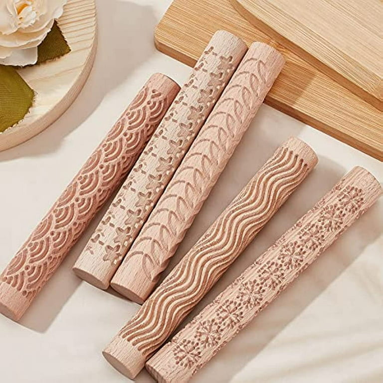 6 Inch 5 Styles Wooden Handle Clay Texture Roller Modeling Pattern Pottery  Tools Handmade Clay Slab Rollers Pins Leaves Wave Snowflake for Ceramics