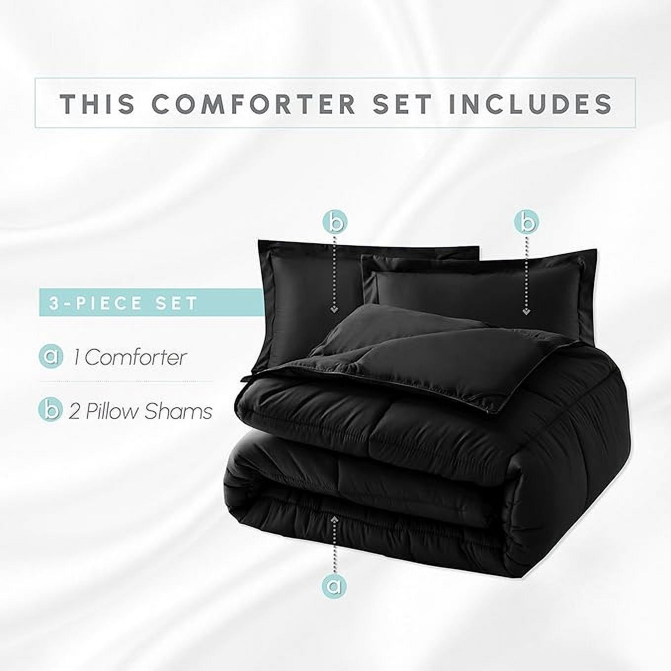 Elegant Comfort 3-Piece Comforter Set, Down Alternative Box Stitched, Ultra Soft All-Season Bedding with Shams, Plush Cozy Duvet Insert with Corner Tabs - Oversize King, Black