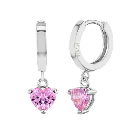 - 925 Sterling Silver Small Hoop Heart Dangle Earrings CZ for Girls Teens