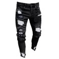 thumbnail image 3 of 3 estilos hombres elástico rasgado ajustado Biker bordado estampado Jeans desgastado agujero tapado Slim Fit Denim rayado alta calidad Jean, 3 of 4