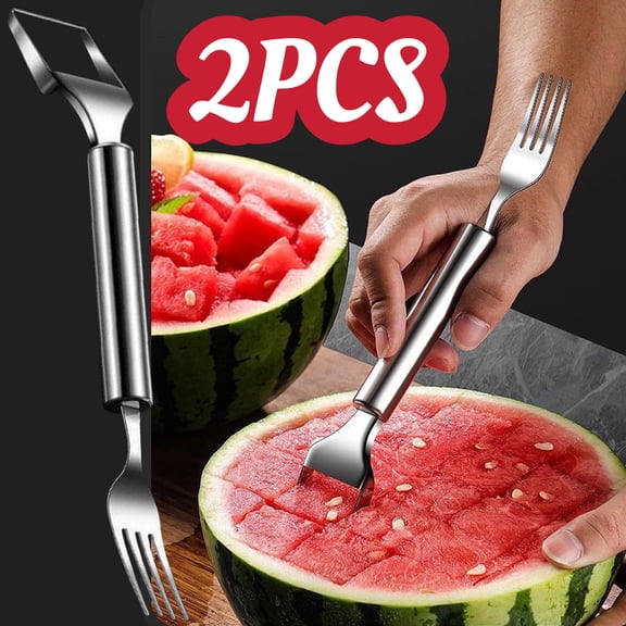 2PCS Upgraded 2-in-1 Stainless Steel Fruit Cutter, 2025 New Watermelon Fork Slicer Cutter Slicer Tool, Dual Head Fruit Forks Slicer Knife with Round Handle