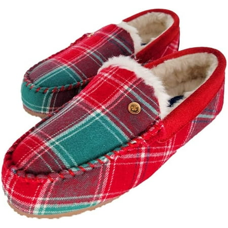 

LIFE IS GOOD Women s Venetian Moccasin Slippers 302795W - Suede Close Back Indoor/Outdoor Slip-Ons with Faux Fur or Plaid Lining Cushioned Footbed & EVA Outsoles Red/Green Plaid - Size 7