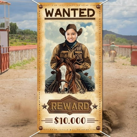 Western Wanted Photo Door Banner West Wanted Party Large Fabric Photo Door Backdrop Props Decor Cowboy Face in Hole Photo Backdrop for Wild Western Birthday Party 70.8x35.4 Inch
