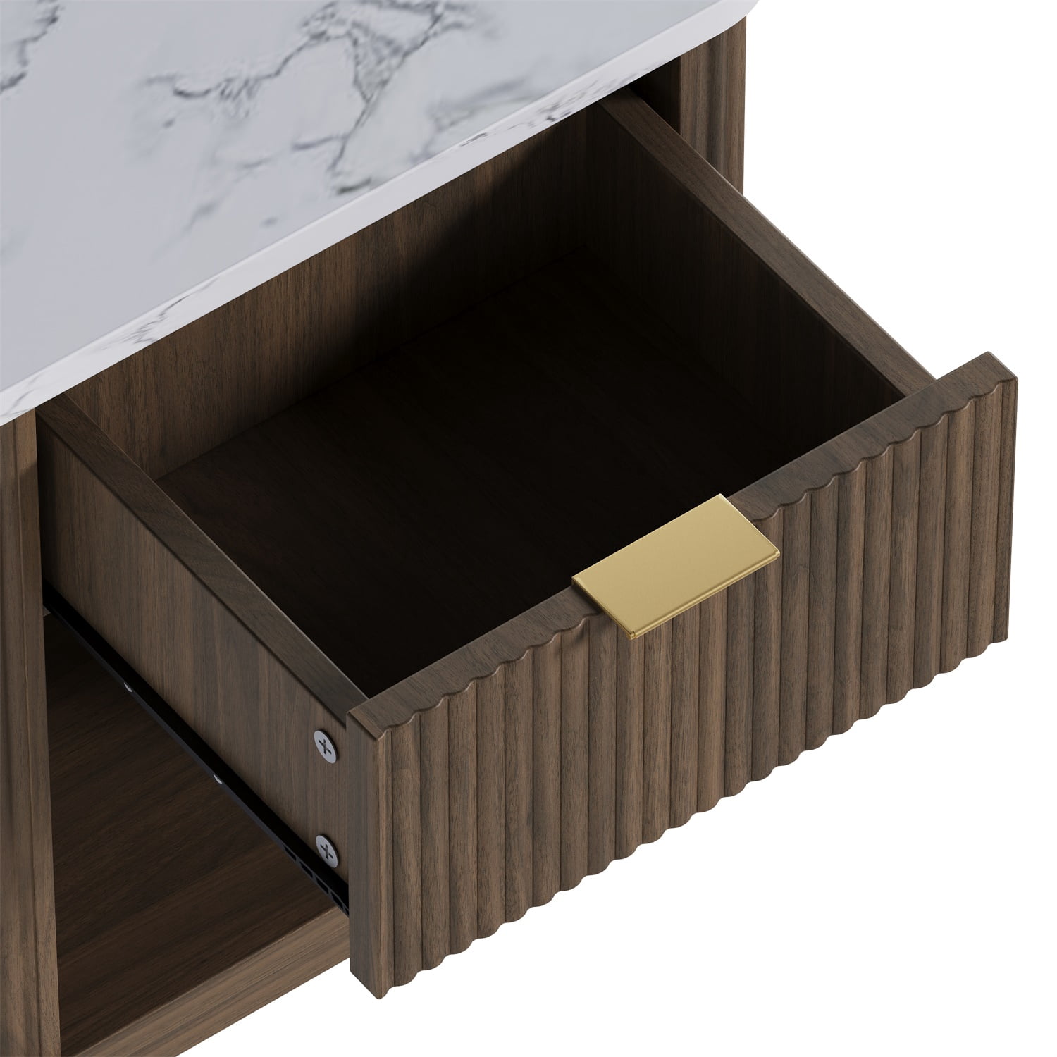 Hommoo Fluted Nightstand with Faux Marble Top, Gold Handle & Open Shelf, Modern Bedside Table for Bedroom, Living Room, Dorm & Guest Room, Walnut