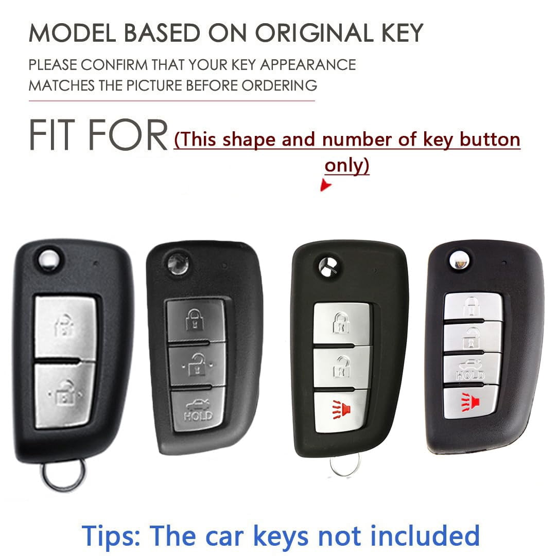 Metal & Leather 2/3/4 Button Flip Key Fob Cover Case Compatible with Nissan Rogue S Rogue Select Rogue Sport Sylphy Pulsar Sentra fit for Infiniti Keyless Key Holder with Keychain