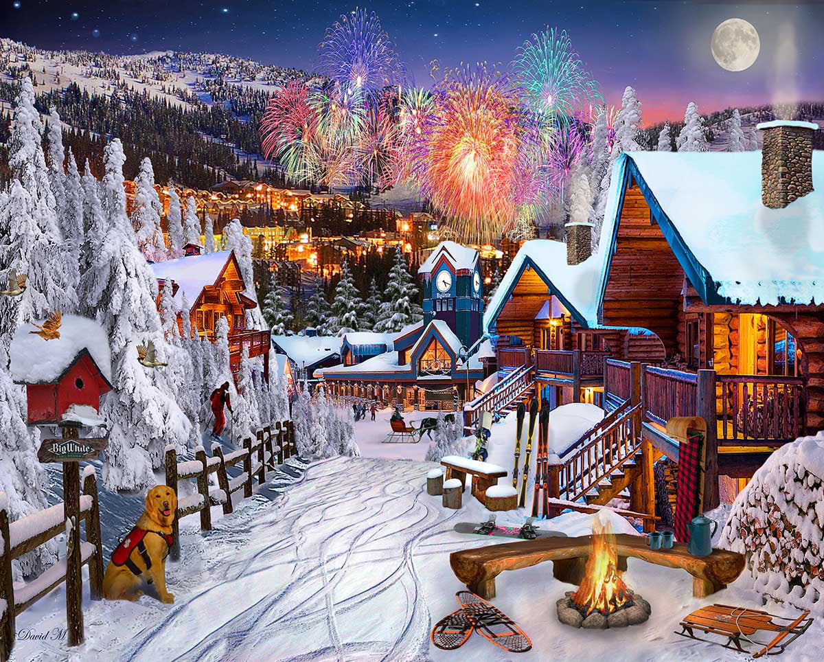 Elves Skiers Pink Houses Details about   "Elf Village" Vermont 1000 pc Puzzle 30x24 Snowman 