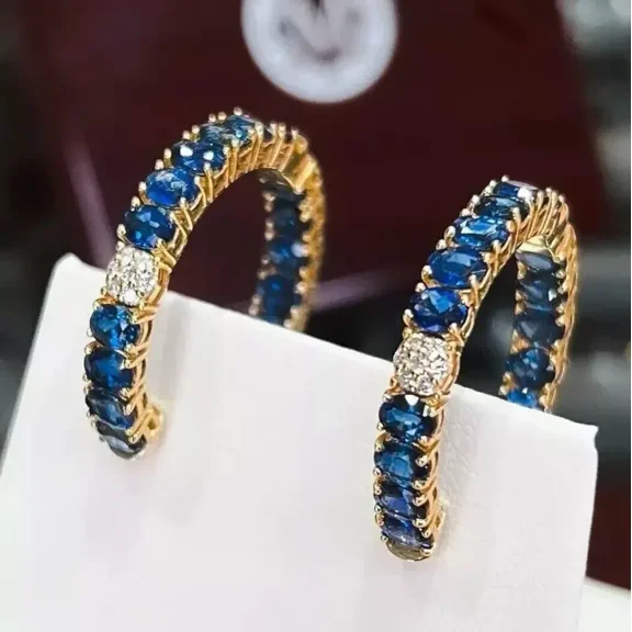 2CT Oval Lab Created Blue Sapphire Huggie Hoop Earrings 14K Yellow Gold Plated