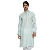 Ethnix Men's Mandarin Collar Fine Blue Stripe with Embroidered Placket Long Kurta Tunic; Blue; XXL