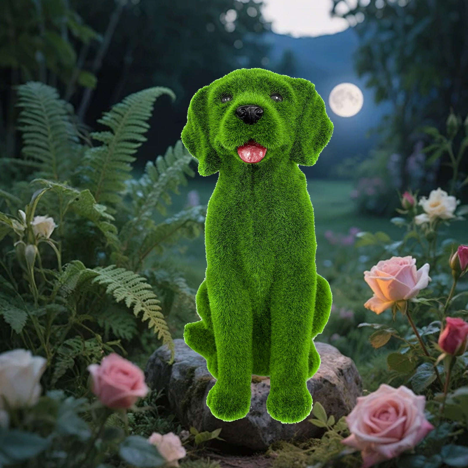 Garden Animal Sculpture Resin Statue Ornament for Yard Entrance Home Outdoor Decor, Green, Flocked Dog