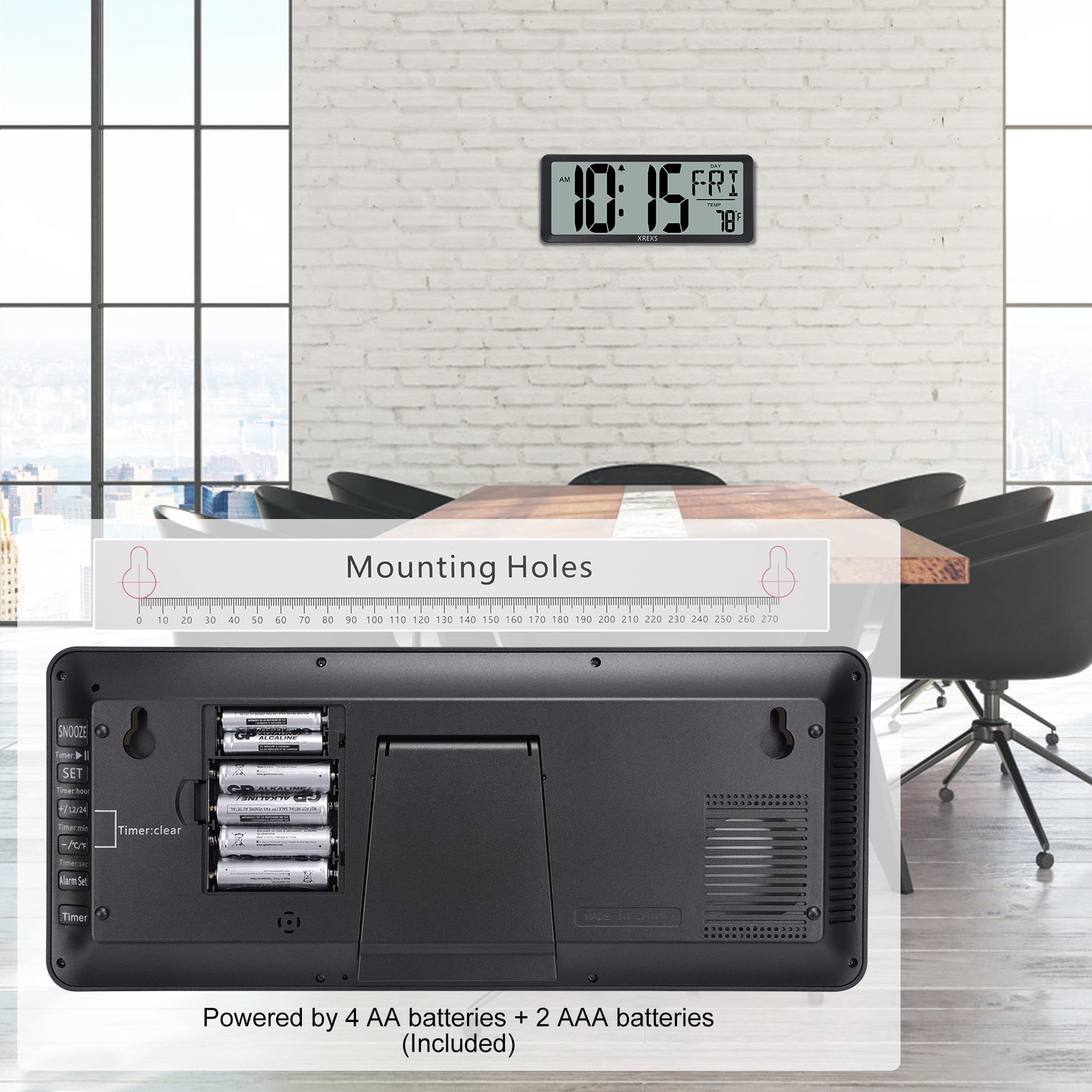 XREXS Large Digital Wall Clock, 14 Inch Large LCD Display Wall Digital Clock, Digital Alarm Clocks for Bedroom Home Decor, Calendar Clock with Time/Calendar/Temperature Display (Batteries Included)