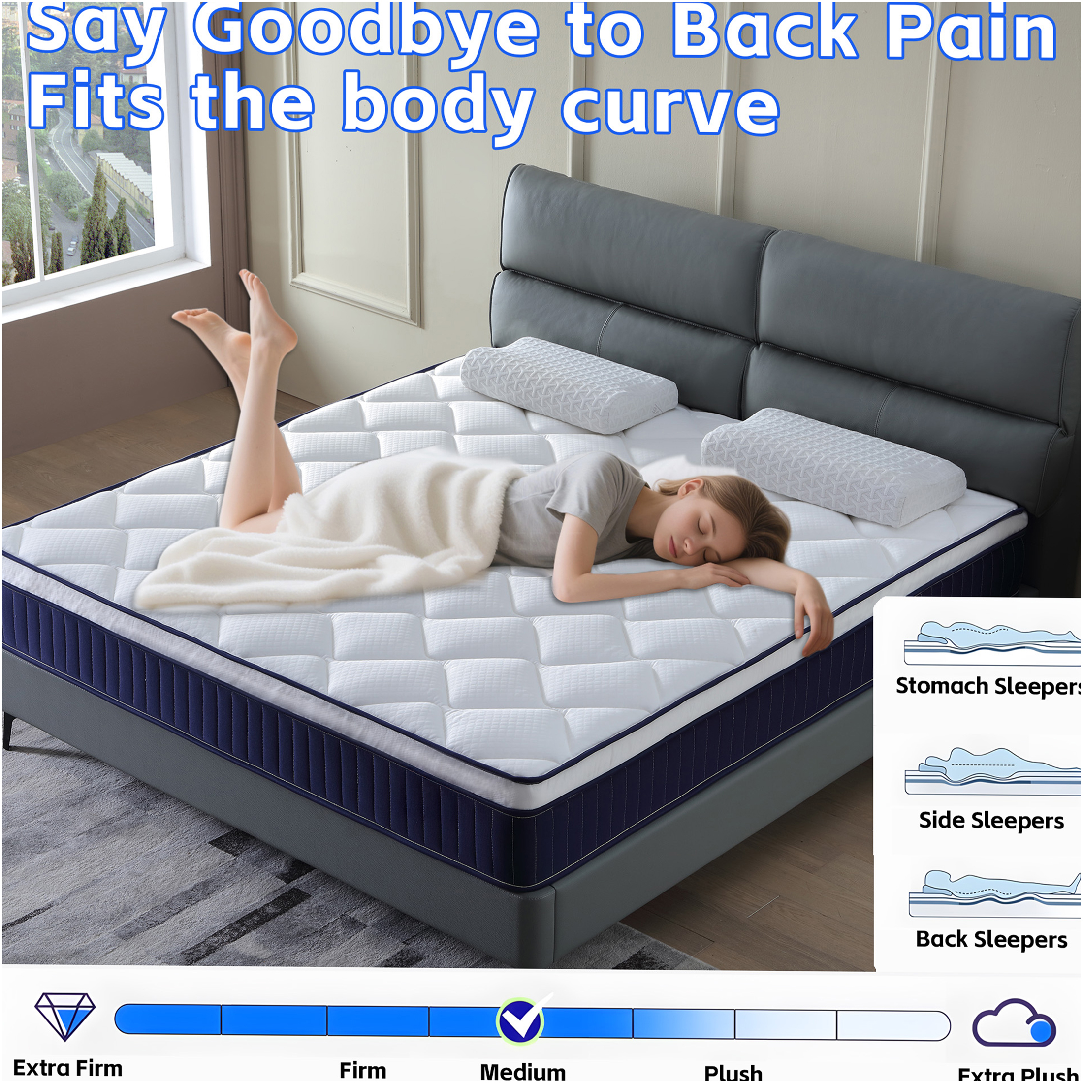 JERFIT 10 Inch Hybrid Mattress in a Box - King Size, Medium Firm Gel Memory Foam Pocket Springs, CertiPUR-US Certified, Fiberglass Free, Motion Isolation, Blue+Brown+White