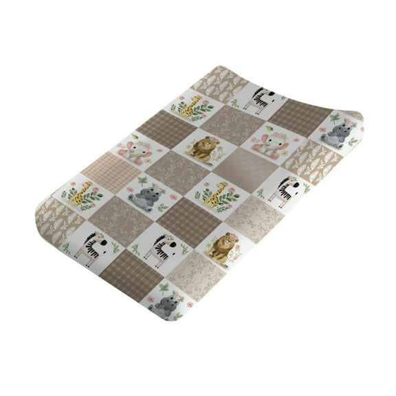 African Safari Animals Plaid Changing Pad Covers Hippo Lion Zebra Giraffe Elephants Floral Leaves Diaper Changing Table Sheets for Boy Girl Stretchy Baby Change Table Mats 32''x16''