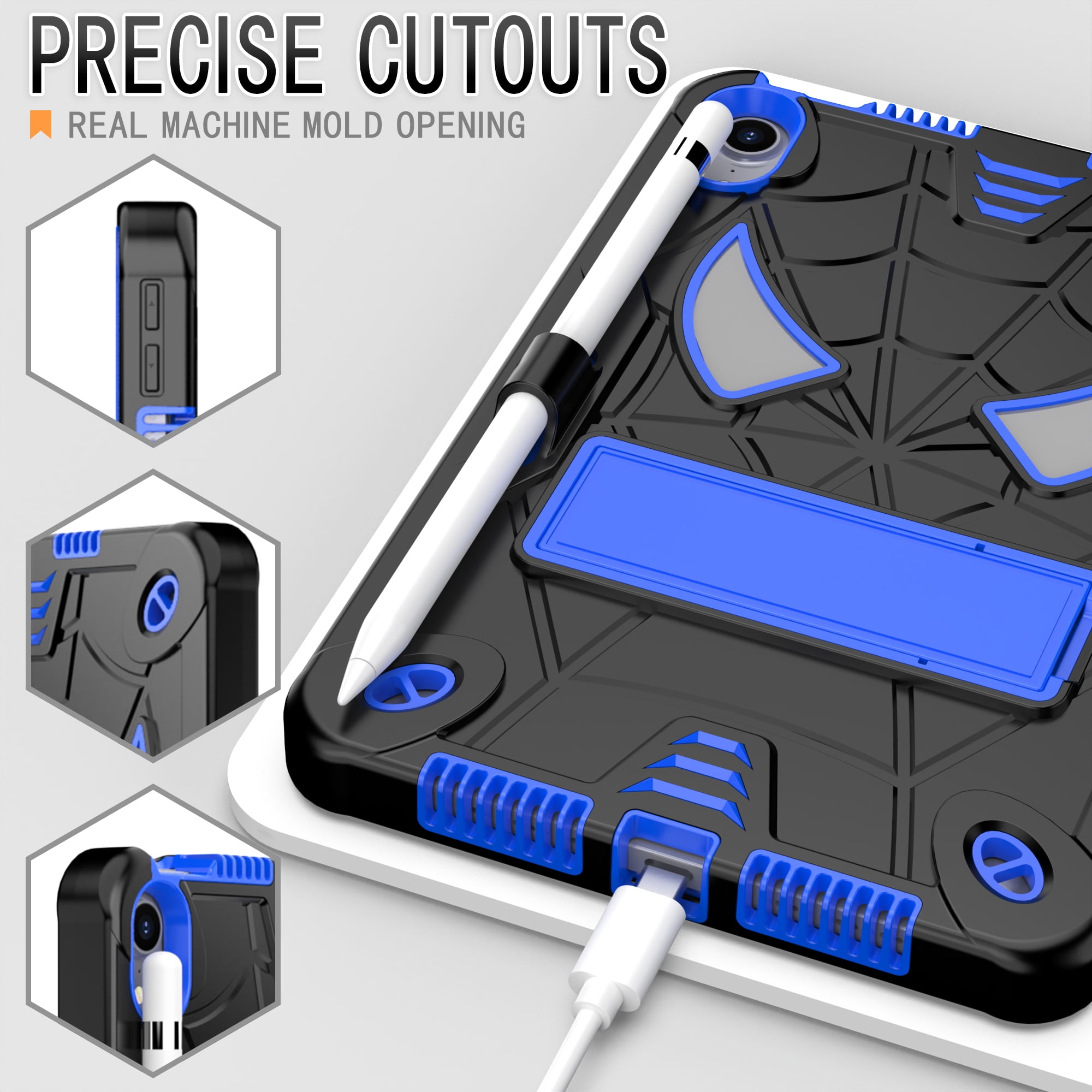 TECH CIRCLE for iPad Mini 8.3" (A17 Pro), iPad Mini 6 (8.3") 3-Layer Rugged Shockproof Case with Shoulder Strap, Built-in Kickstand, Pencil Holder, Cute Spider Heavy Duty Tablet Cover, Black Blue