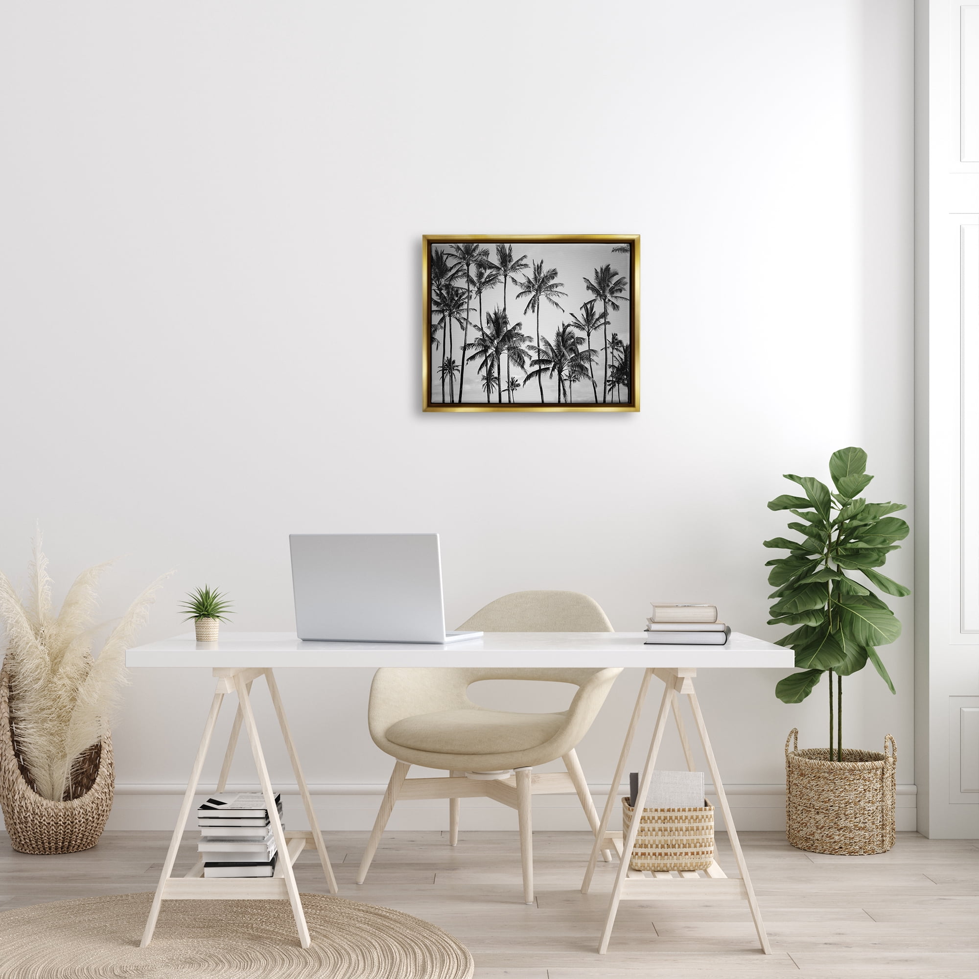 Stupell Industries Palm Trees Skyline Black and White Photography Metallic Gold Framed Floating Canvas Wall Art, 16x20, by Design Fabrikken
