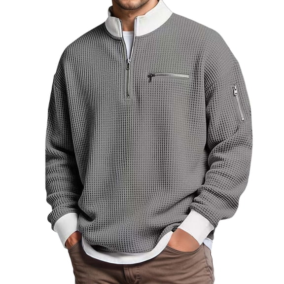 Men's Waffle Long Sleeve Quarter Zip Color Block Collar Sweatshirt Color Grey Size XXL