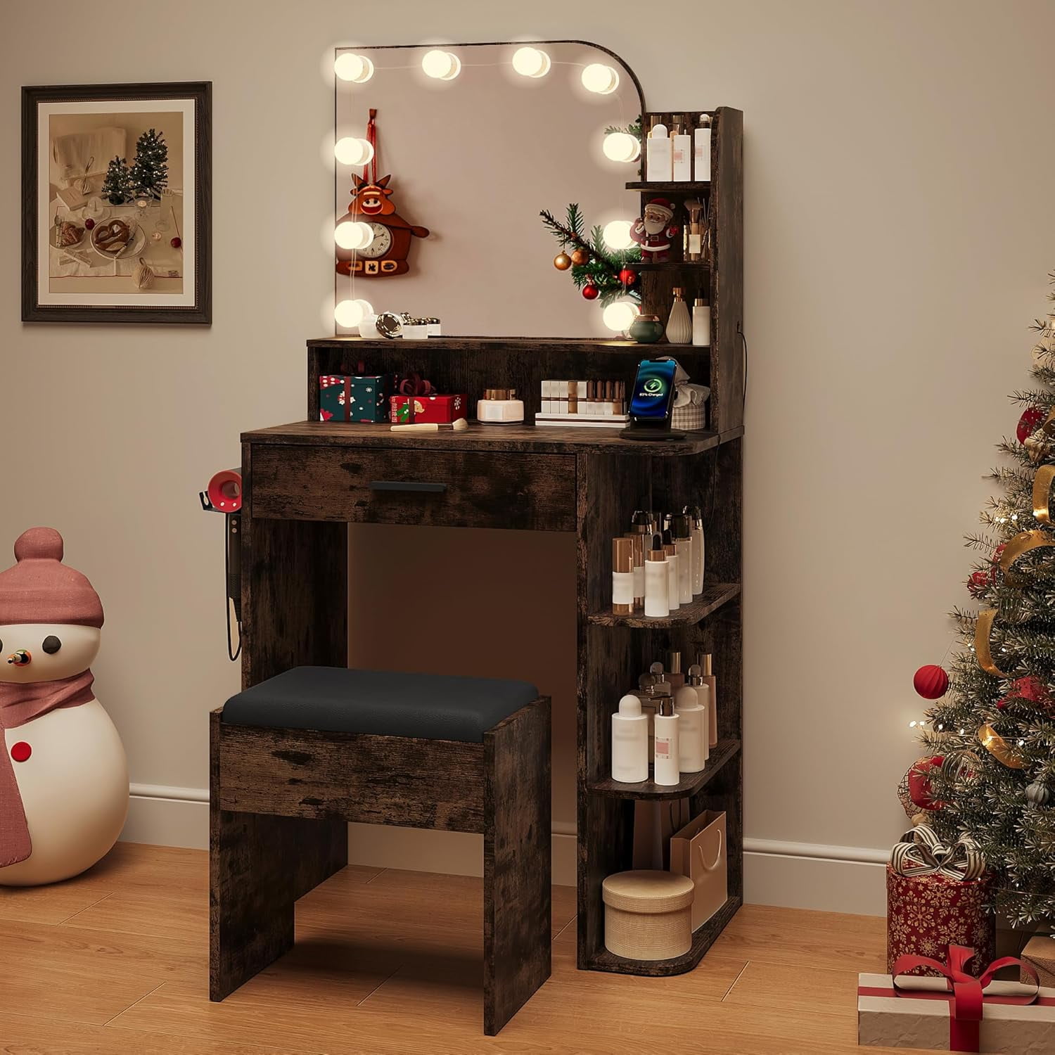 makeapile Makeup Vanity with Chair, Small Vanity Desk with Mirror , Lights 3 Colors and Power Outlet, Compact Vanity Table for Small Space, Vintage Brown