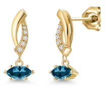 Gem Stone King 10K Yellow Gold London Blue Topaz and Lab Grown Diamond Stud Dangle Earrings for Women | 0.65 Cttw | Gemstone November Birthstone | Marquise 6X3MM
