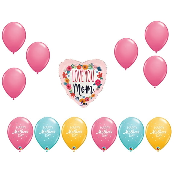 LOONBALLOON Mother's Day Theme Balloon Set, Standard Size Heart Shape Love You Mom Satin Blossoms Balloon and 12x Latex Balloons