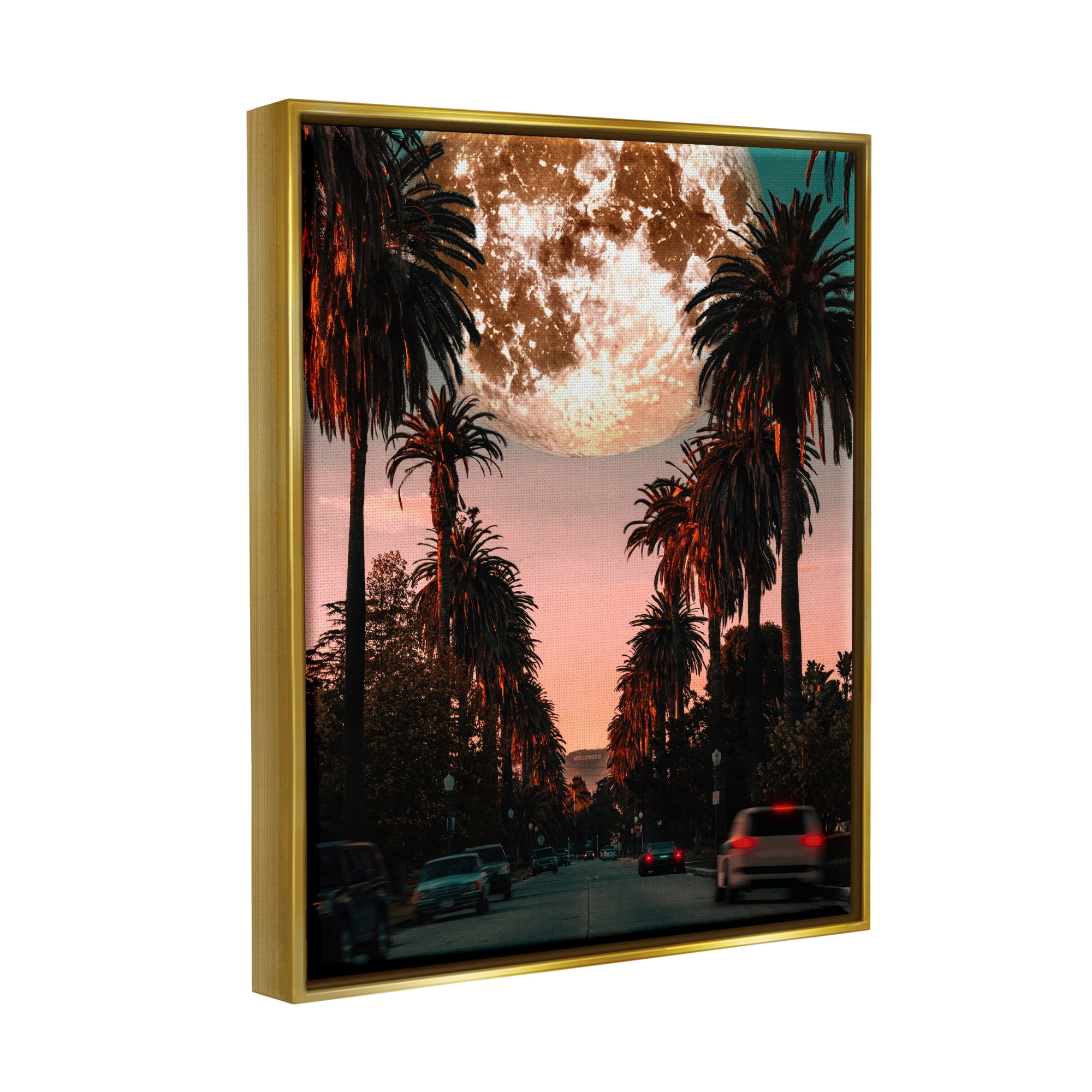 Stupell Industries Tropical Moon Sunset Botanical & Floral Painting Gold Floater Framed Canvas Art Print Wall Art, 17 x 21