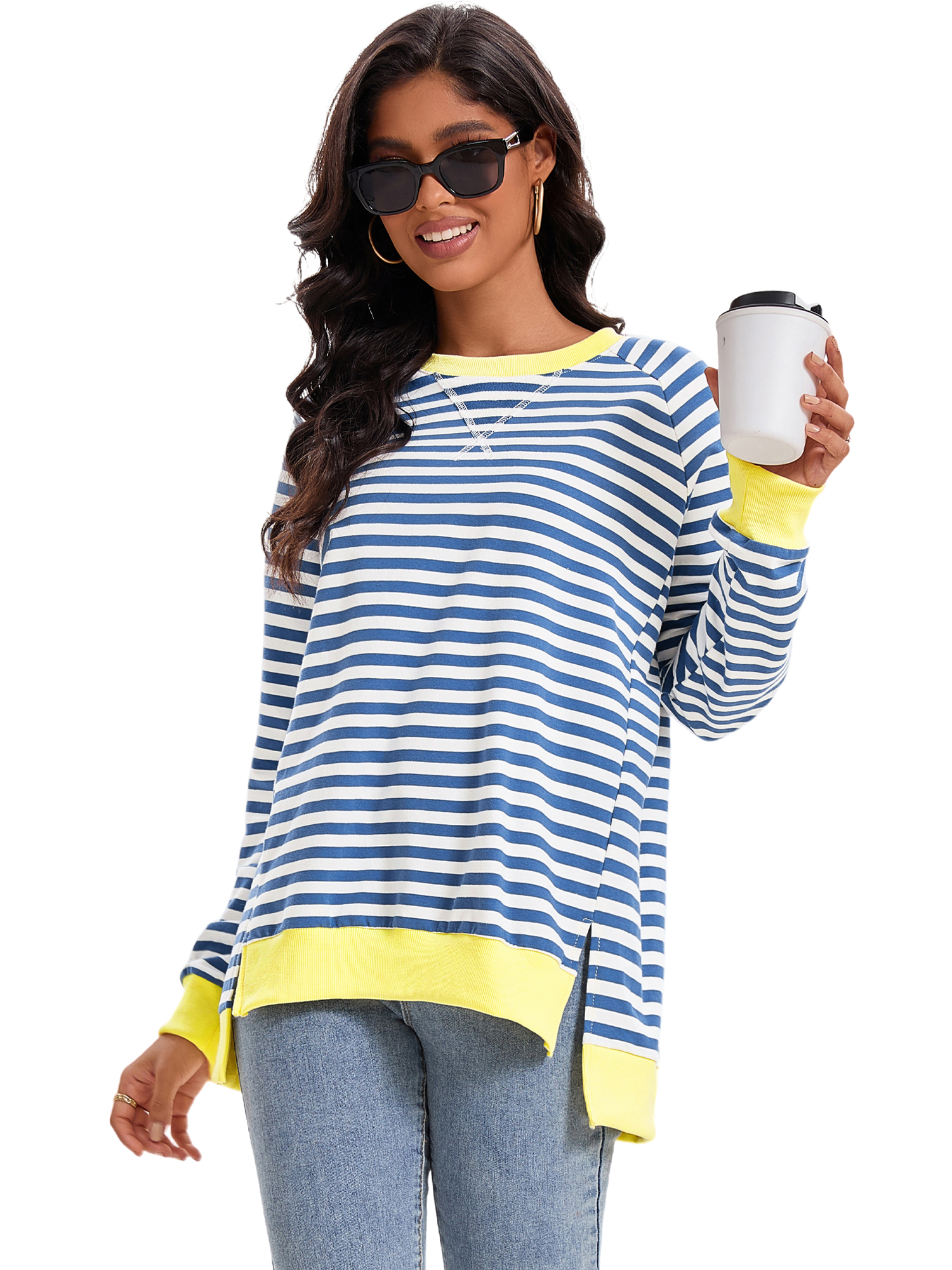 Unique Bargains Women's Striped Oversized Crewneck Pullover Tops S Blue White